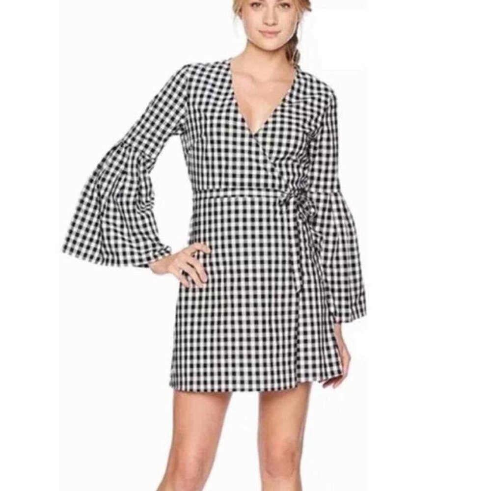 BB DAKOTA Alter Ego Bell Sleeve Black White Gingham Wrap Mini Dress Small